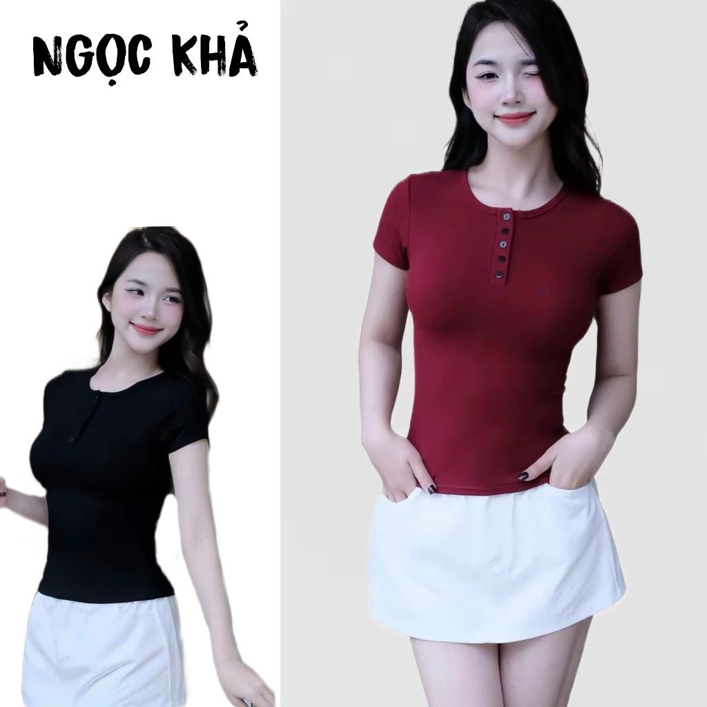 Áo thun phối cúc dọc ftom ôm vải cotton mịn , áo thun cộc tay phối cúc