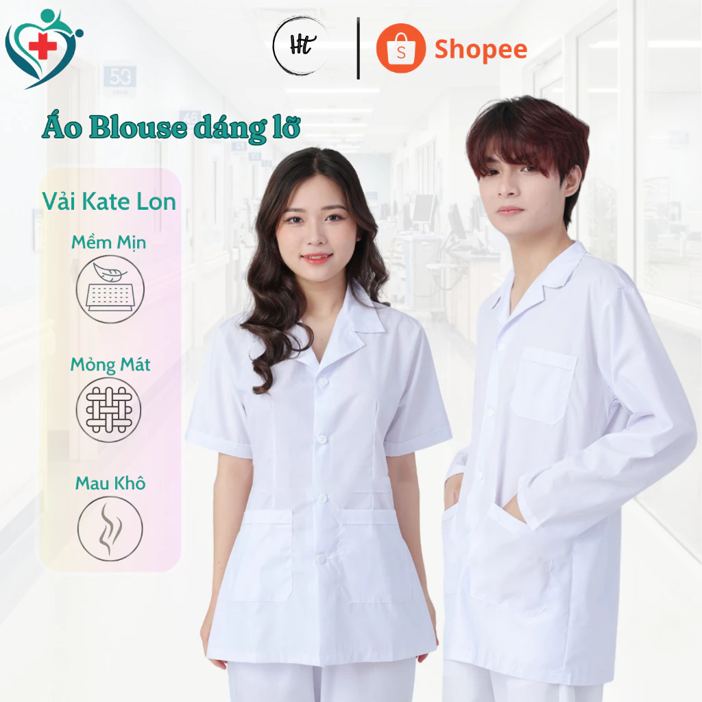 Áo blouse trắng TRƠN dáng lỡ, Áo blu y tế dành cho Điều dưỡng, Dược sĩ, Y tá, Thực tập sinh [Vải Phổ Thông]