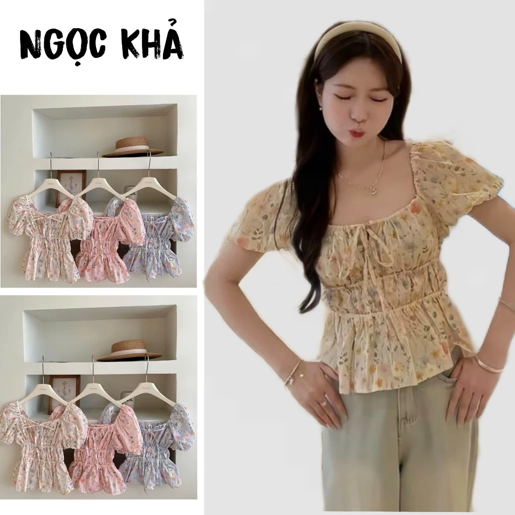 [ ÁO XINH ] Áo kiểu nữ dáng baby doll xếp ly tay bồng thuê hoa nhí
