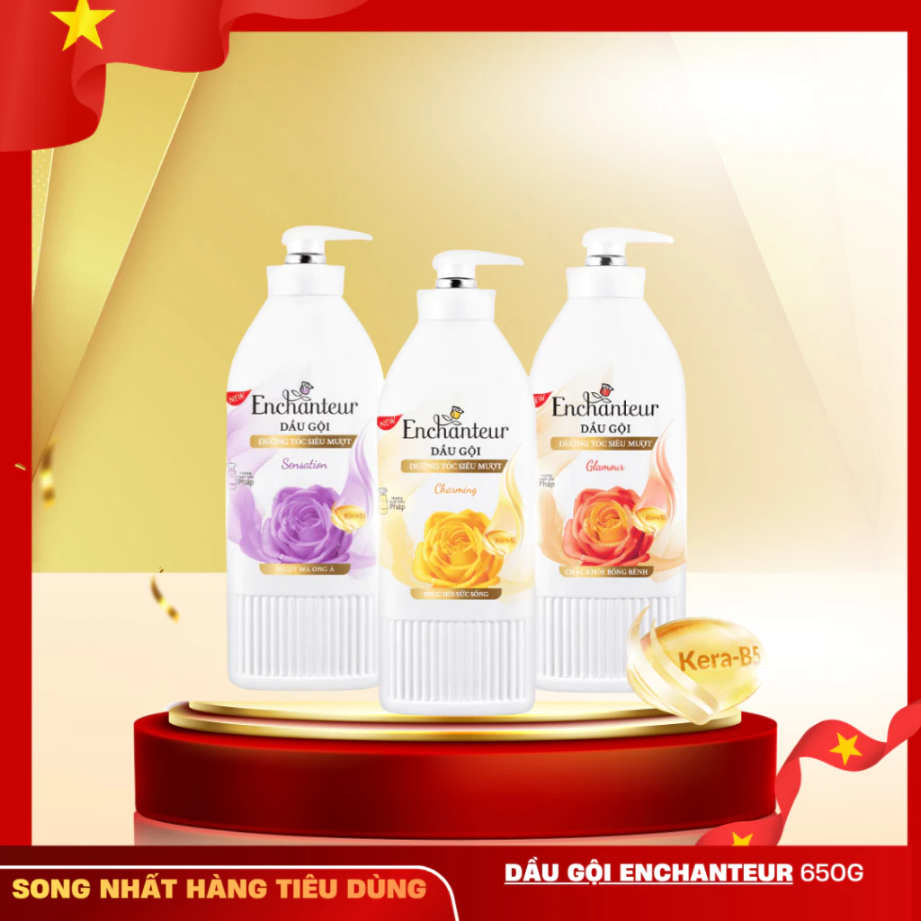 Dầu gội dưỡng tóc siêu mượt Enchanteur Keratin 650g-Charming Phục hồi sức sống/Sensation Mượt óng ả