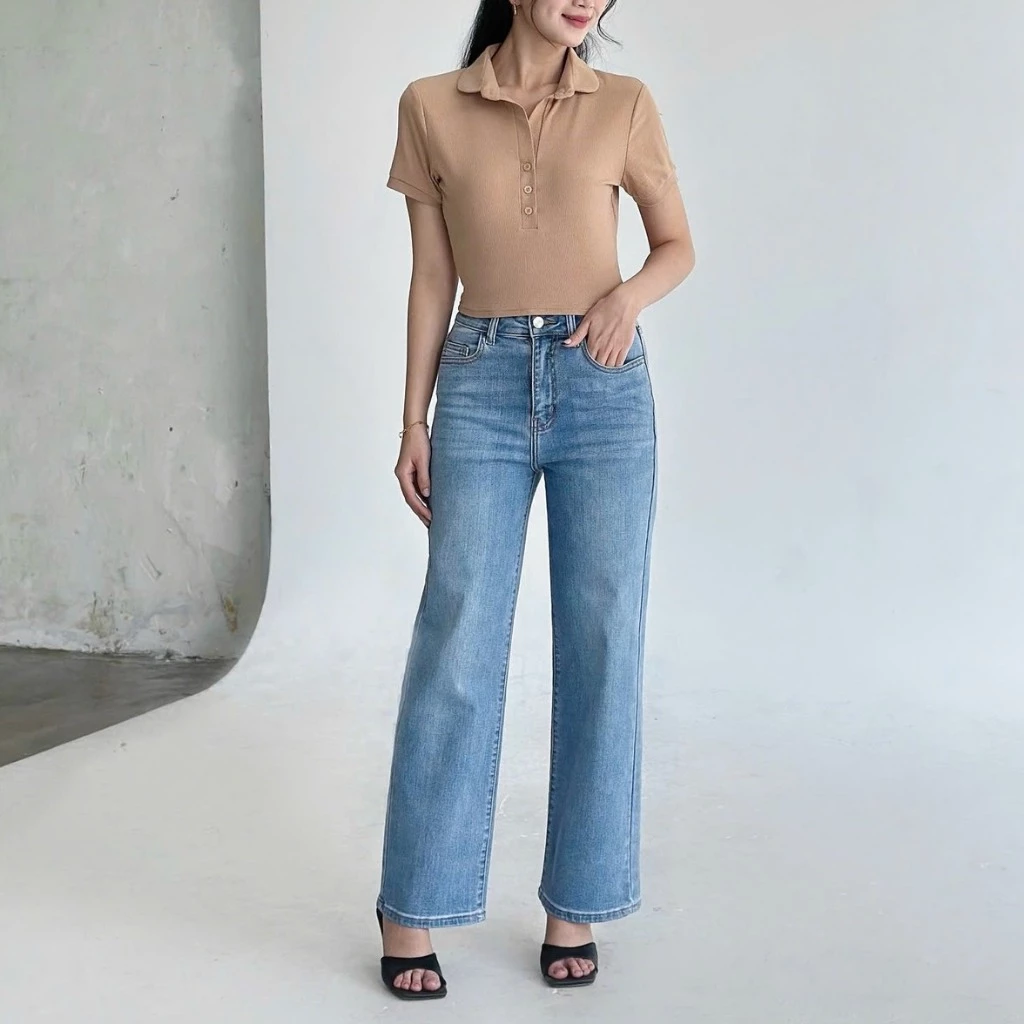 Quần Jean Ống Rộng LS-02 Jeans Mềm Co Giãn, Lưng Cao Khuy Cắt Sẵn, Màu Xanh Nhạt Wash Hông/Đùi
