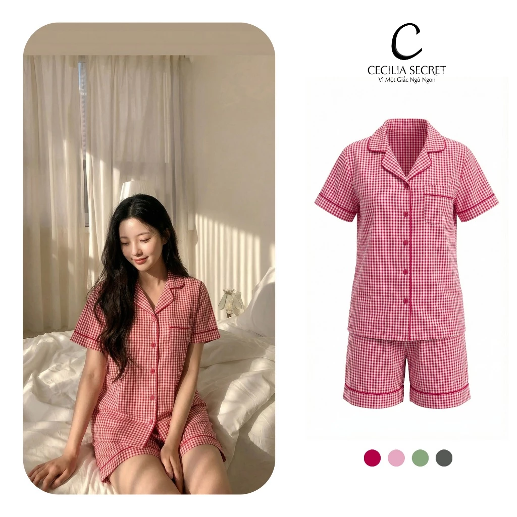 Pijama Nữ Mặc Nhà CECILIA SECRET Kẻ Caro Áo Cộc Tay Quần Đùi Chất Lụa Đũi Mềm