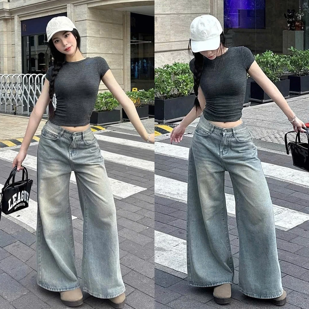 Quần Jean Nữ Ống SIÊU RỘNG 35-37cm  Màu Xanh Xám AVO AVOCADO Cạp Cao Chất Vải Demin Mềm Tôn Dáng