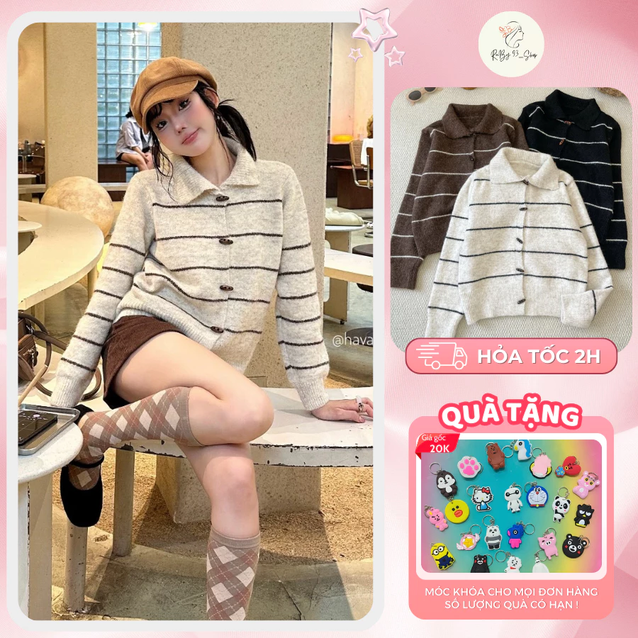 Áo len kẻ sọc ngang cổ đức, kẻ sọc phối cúc sừng phong cách vintage Hàn Quốc trẻ trung