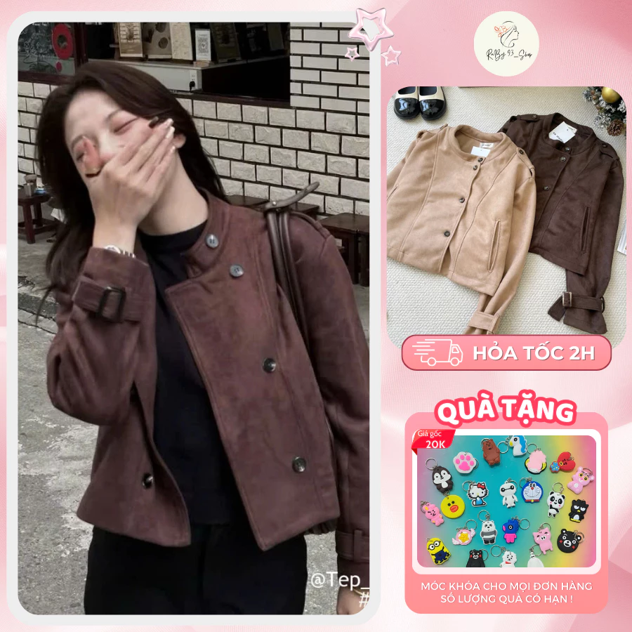 Áo khoác nữ da lộn basic phối khuy kiểu dáng croptop cá tính phong cách Hàn Quốc