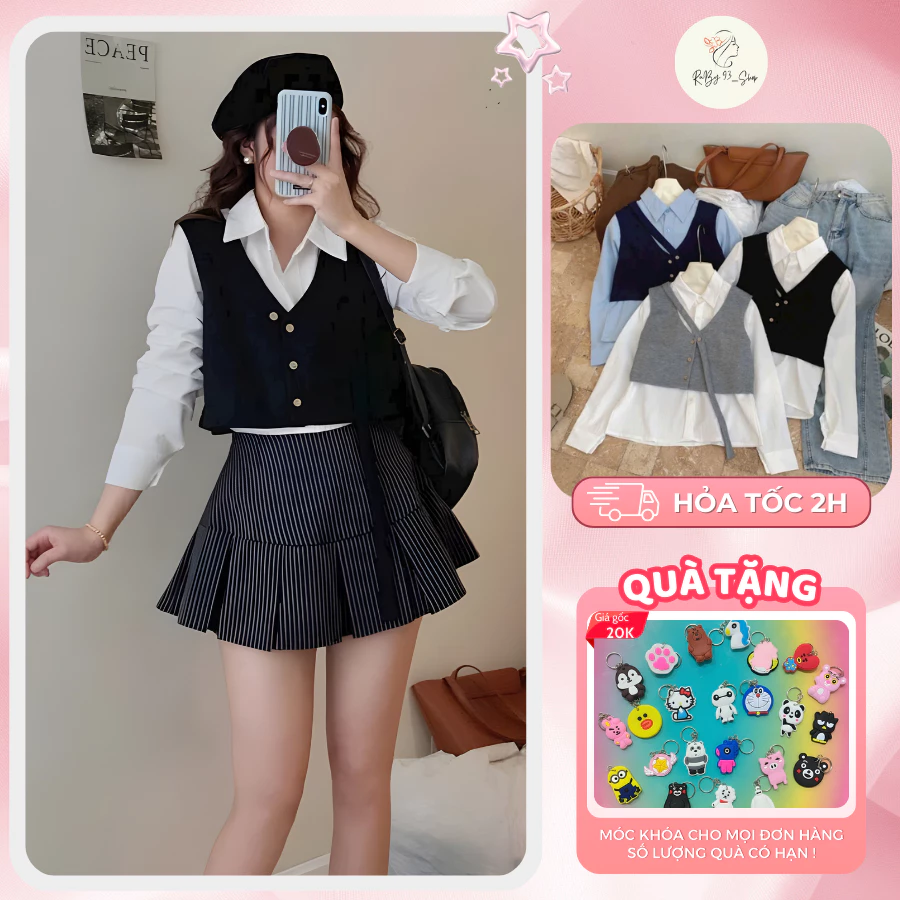 Áo Sơ Mi Trắng Kèm Gile Cổ Chữ V Dáng Ngắn phối dây cổ ANNA HOUSE croptop phối sơ mi dài tay