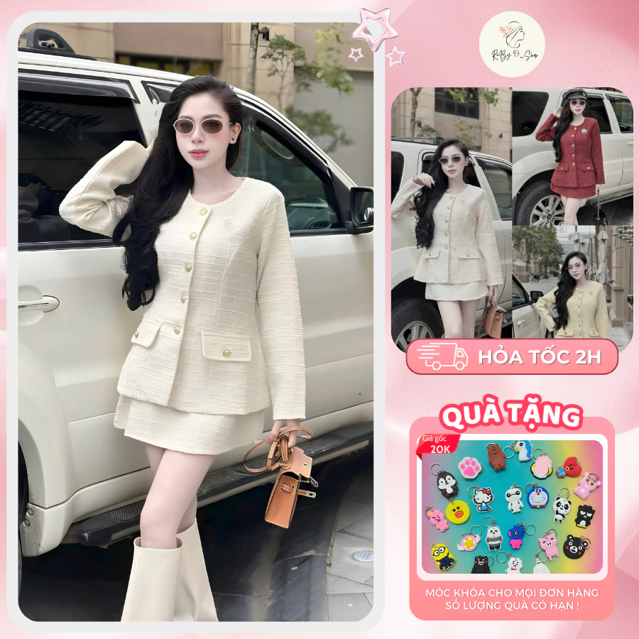 Set áo dạ + Chân váy cao cấp Áo khoác dạ tweed Đỏ Đô cổ tròn phối chân váy dạ Form Đẹp, Thanh Lịch thu đông