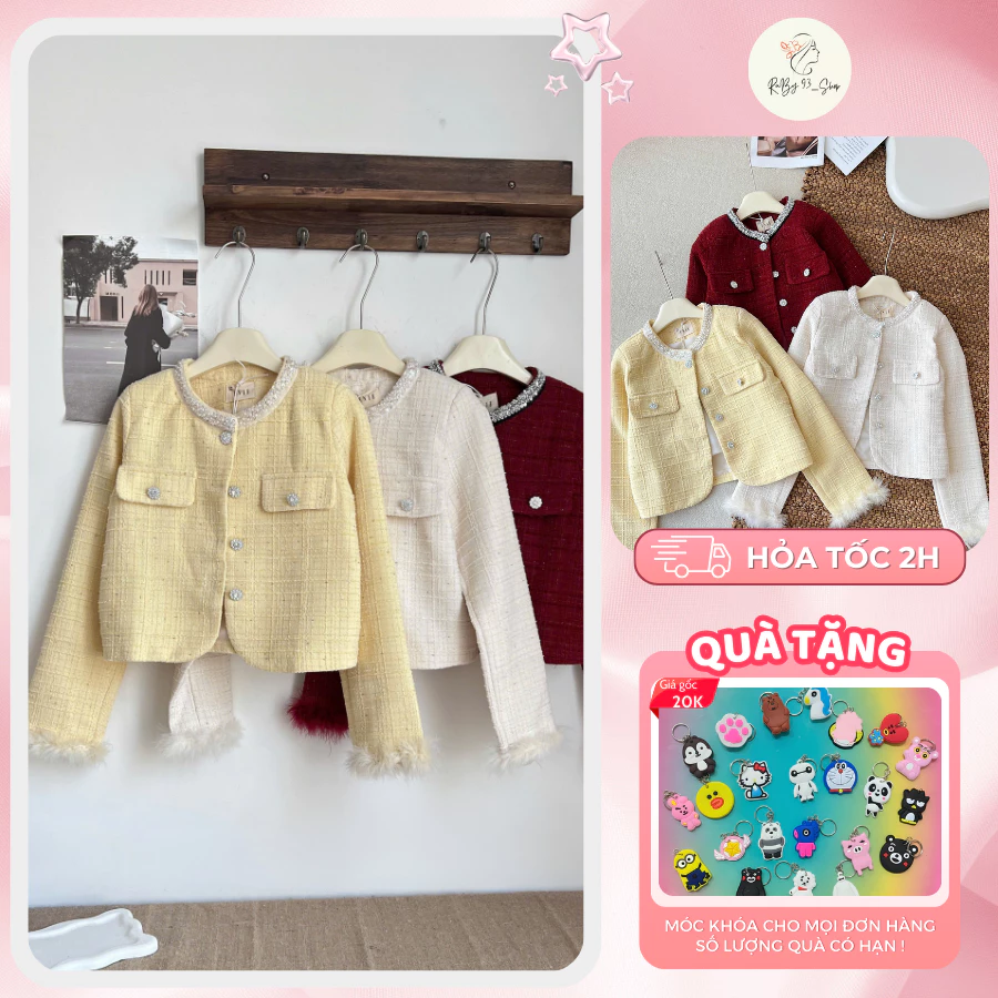 Áo khoác dạ tweed nữ tay phối lông cổ tròn chất liệu dày dặn form ngắn, túi nắp gập Anna