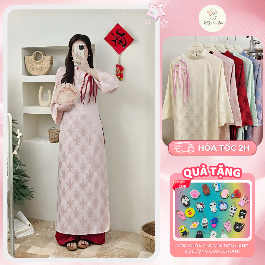 Áo dài cách tân gấm vân chữ Thọ cổ trụ phối dây nơ hồng dáng suông Vintage