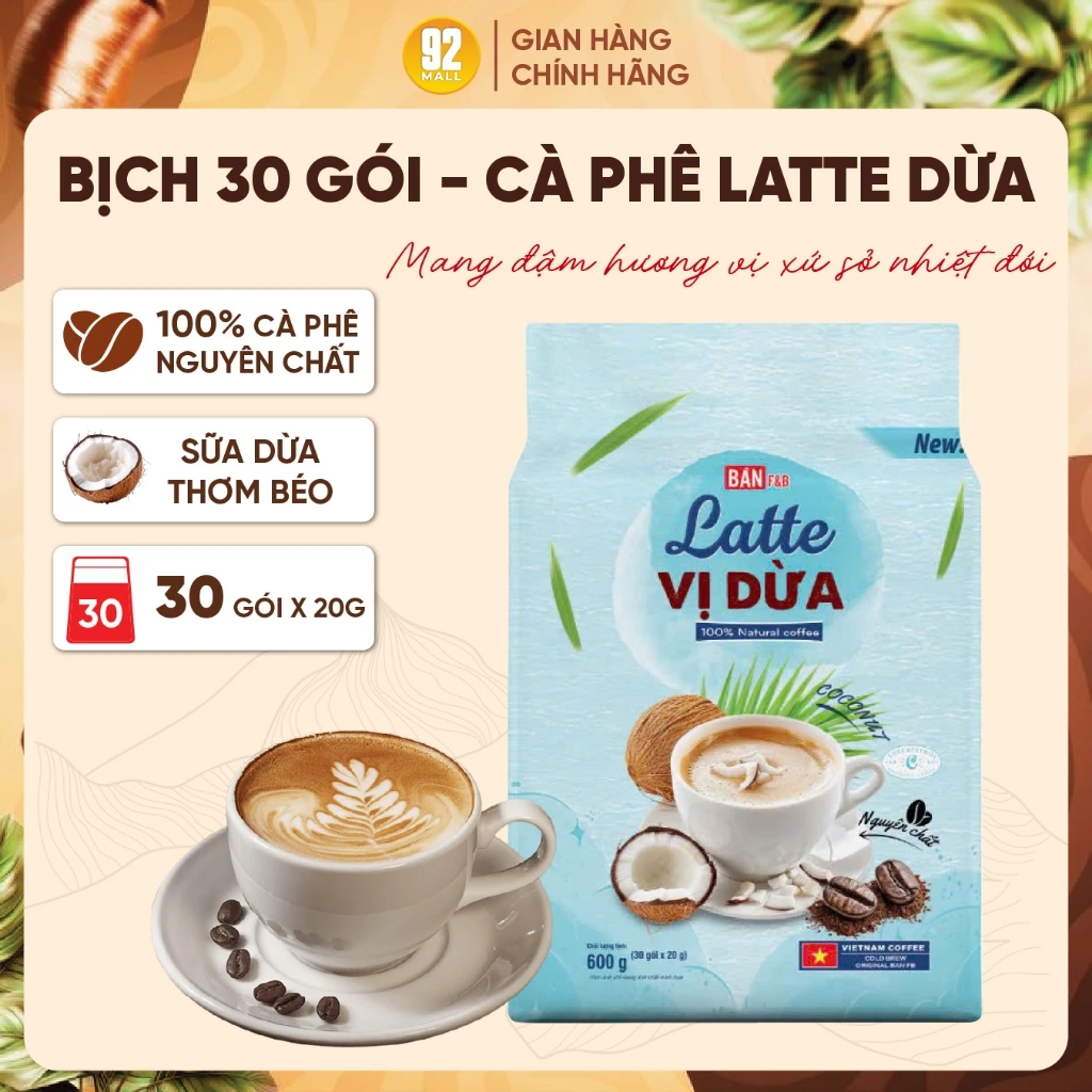 [30 Gói] Cà Phê Latte Dừa Đặc Biệt Thơm Ngon Béo Ngậy Chuẩn Vị Thương Hiệu Bản F&B