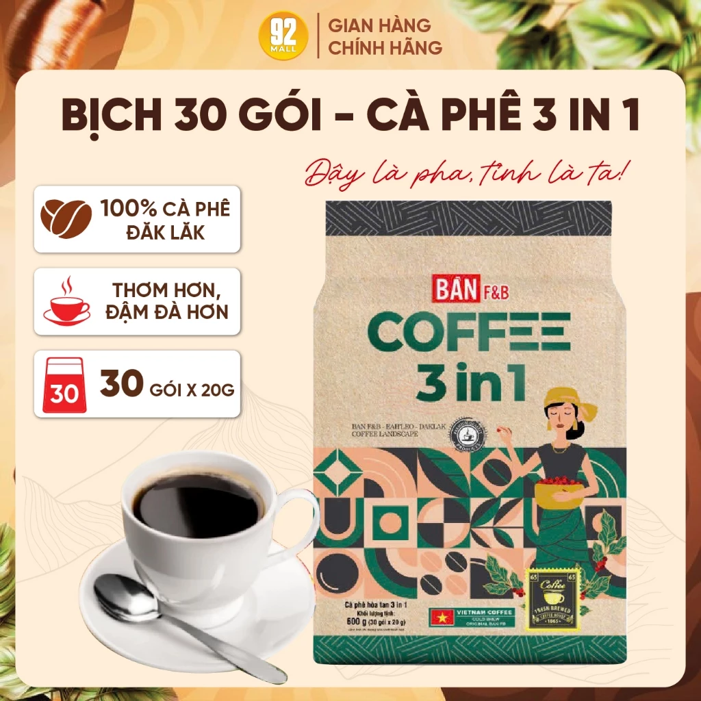 Cà Phê 3in1 Cao Cấp Thơm Ngon Đậm Đà Chuẩn Việt Thương Hiệu Bản F&B- Bịch 30 gói x 20gr