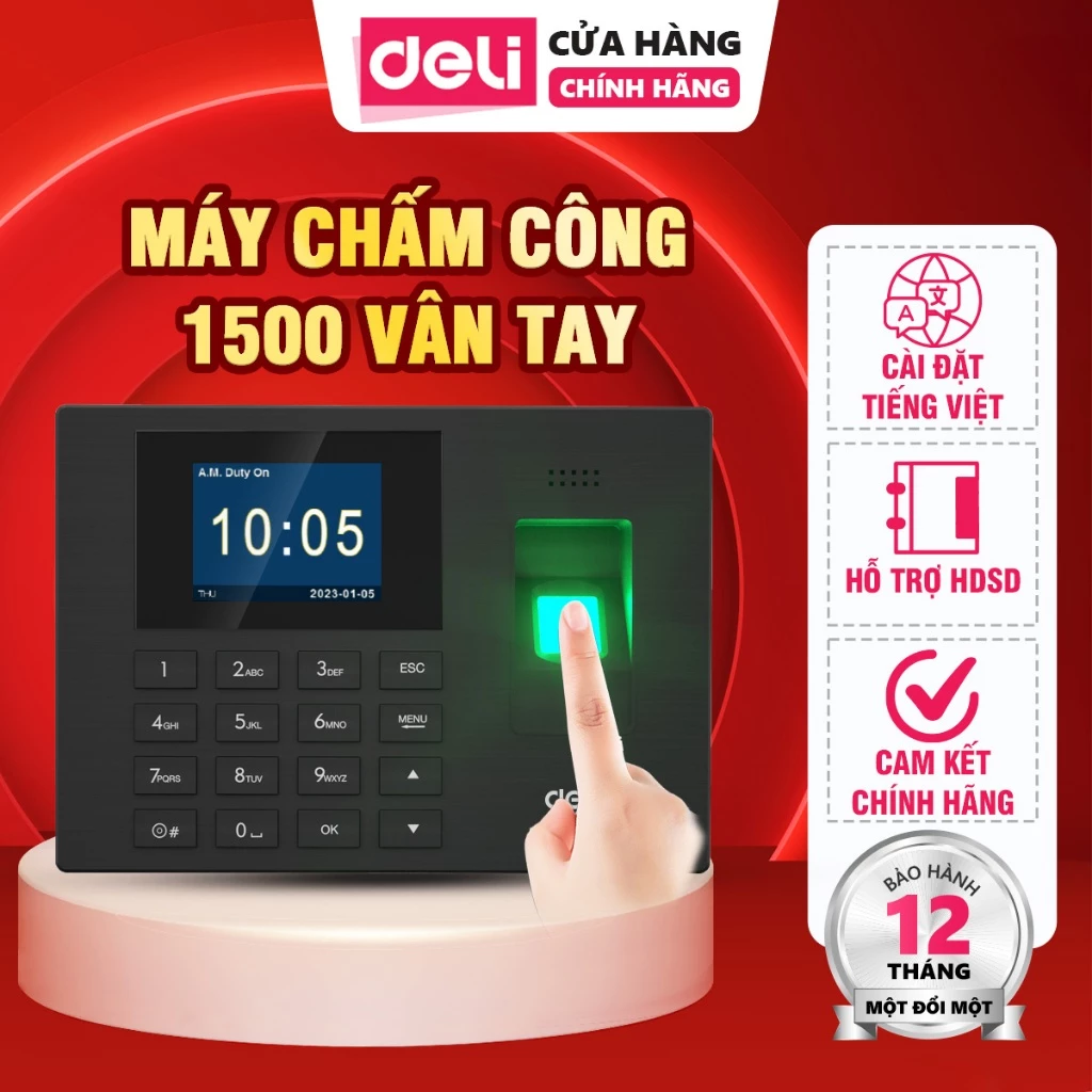 Máy Chấm Công Vân Tay Deli - Hỗ Trợ Tính Lương Fulltime + Partime Tiếng Việt Kết Nối USB Xuất File