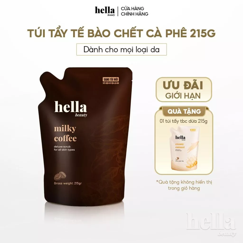 Túi tẩy tế bào chết body cơm dừa cà phê Hella Beauty 215g giúp làm sạch sâu hỗ trợ dưỡng sáng da