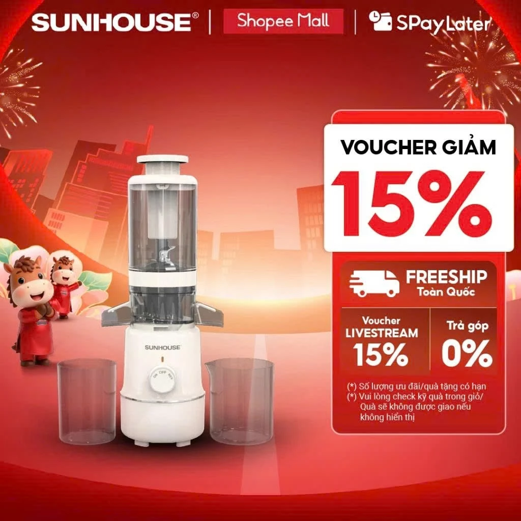 Máy ép chậm Sunhouse SHD5515 - Dung tích 600ml - Làm được kem, lưỡi cắt vượt trội - Ống tiếp nguyên liệu lớn 108mm