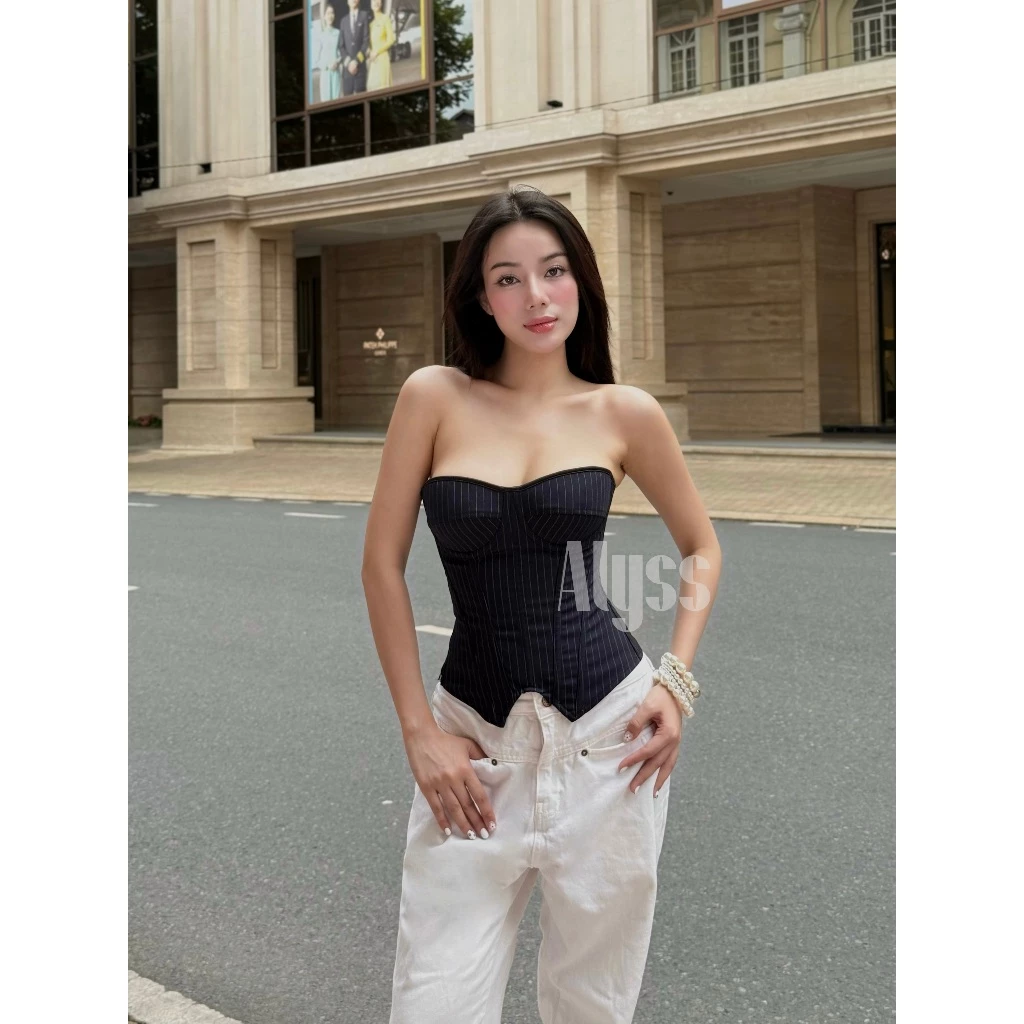 𝐍𝐀𝐕𝐘 𝐂𝐎𝐑𝐒𝐄𝐓 - Áo corset kẻ sọc siêu slay, tôn dáng (Có mút ngGiờ