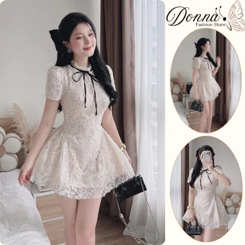 Đầm nữ, váy nữ DONNA HCOM26912 ren hoa cổ đính nơ dáng xoè tiểu thư, siêu sang