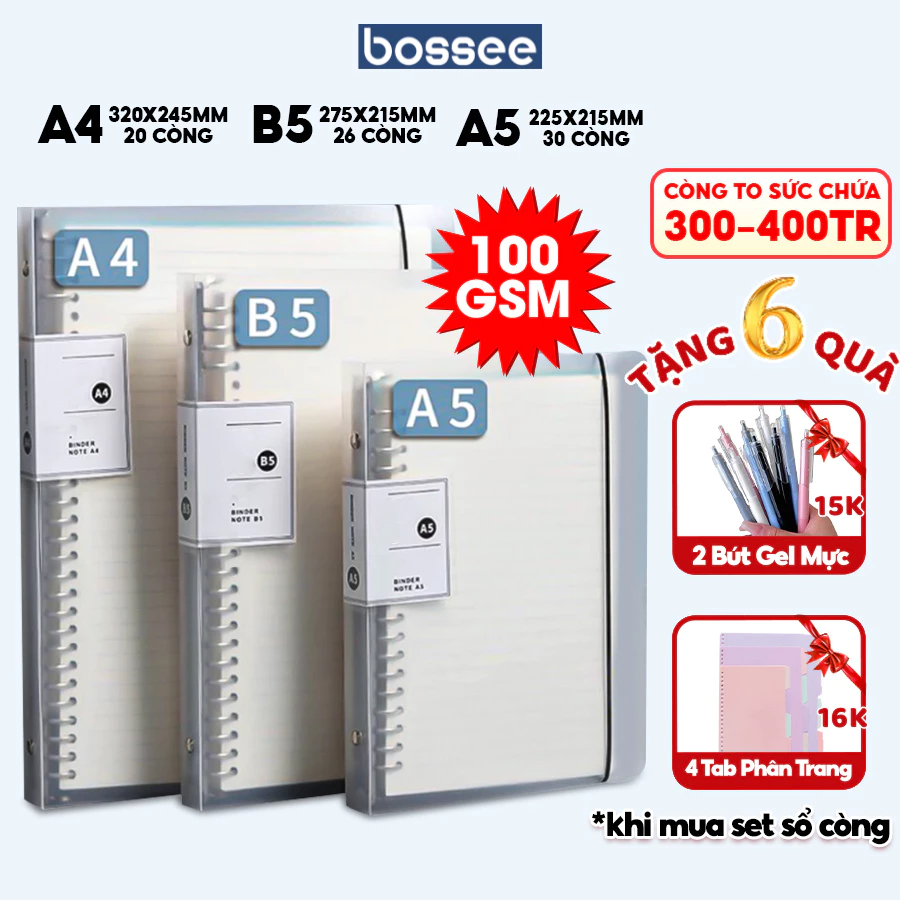 Sổ còng sắt cao cấp Bossee giấy dày 100gsm binder A4 B5 A5 30 26 20 còng tháo mở thay giấy dễ dàng