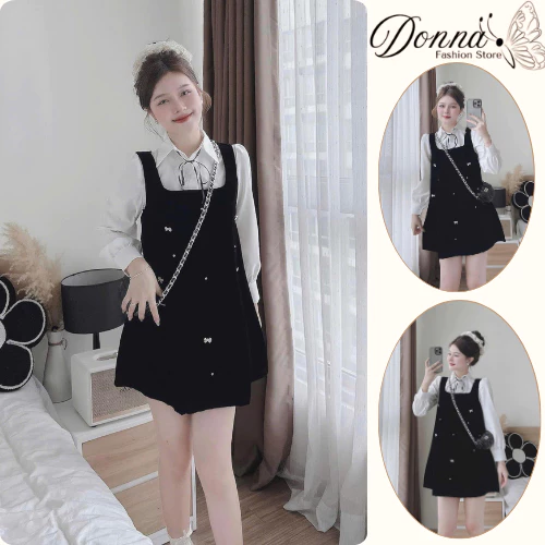Set đồ nữ, đồ bộ nữ DONNA HCOM3619 áo sơ mi mix váy nhung đính đá tiểu thư, sang chảnh