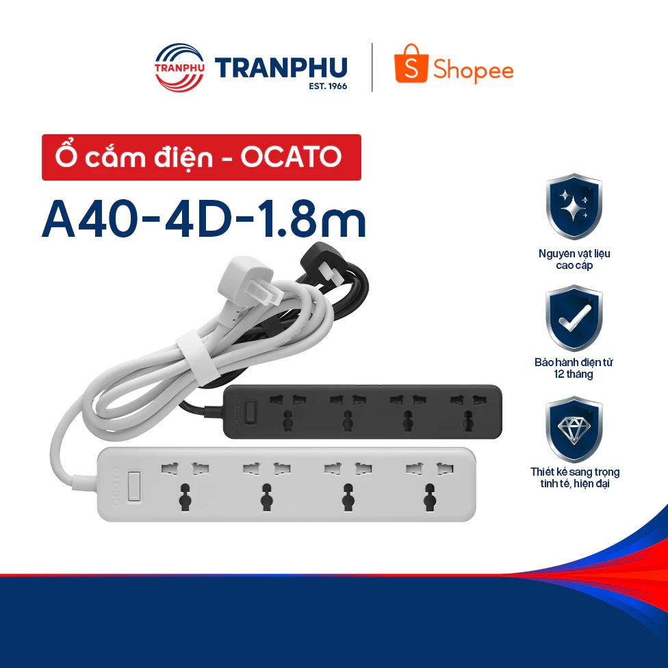 Ổ Cắm Chống Giật Trần Phú Trafuco Chính Hãng OCATO A40-4D | 4 Ổ Cắm Đa Năng | Công Suất 2500W | Rơ Le Nhiệt Chống Quá Tả
