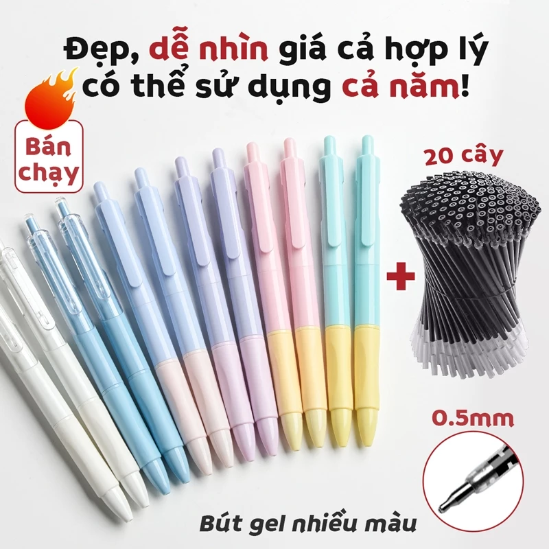 【Bộ 5 Bút + 20 Ruột】Combo 5/10/20 Bút bi Mực Đen 0.5mm thân bút pastel thời trang, phù hợp cho học sinh, sinh viên