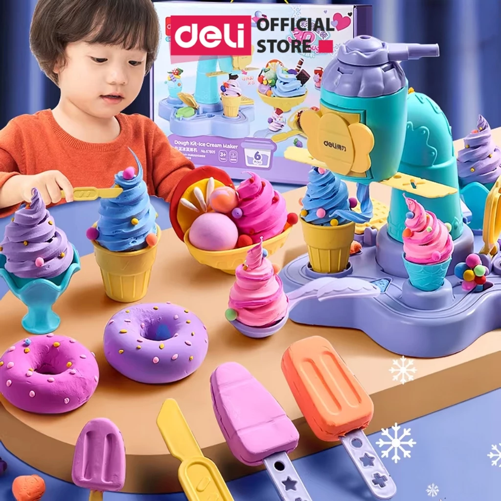 Bộ Đồ Chơi Máy Làm Kem Kèm Đất Nặn Deli  - Máy Làm Mì Hamburger Kèm Dụng Cụ Và Khuôn Không Dính Tay An Toàn