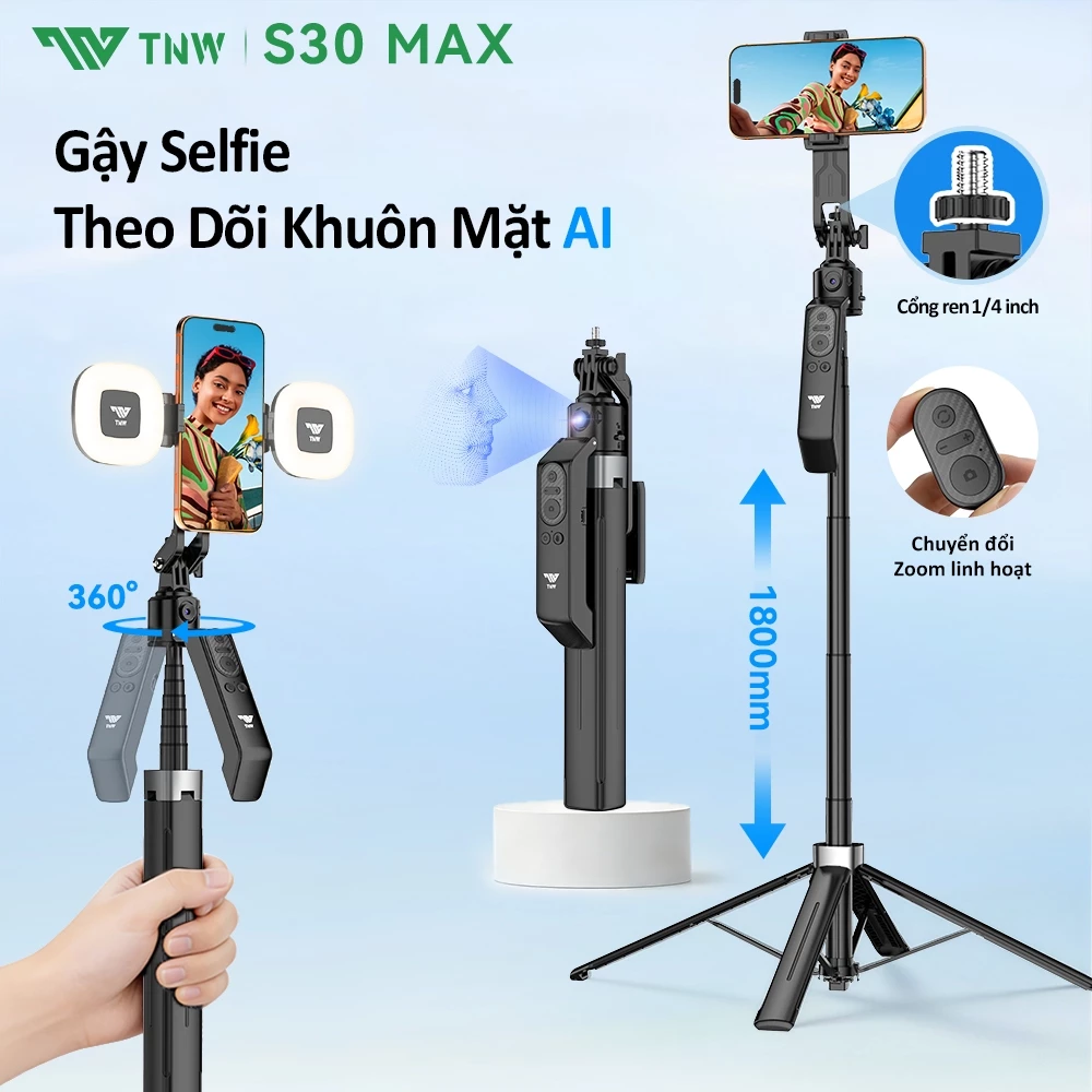 TNW S30 MAX Gậy Selfie Tripod AI, điện thoại livestream 4 chân chắc chắn cao cấp xoay 360 độ