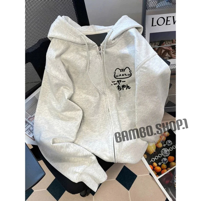 Áo Khoác Hoodie Zip Nữ Form Rộng Có Nón Khóa Kéo In Hình Mèo Nhật Dễ Thương Ulzzang Basic Dày Dặn [ Có Túi Trong ]