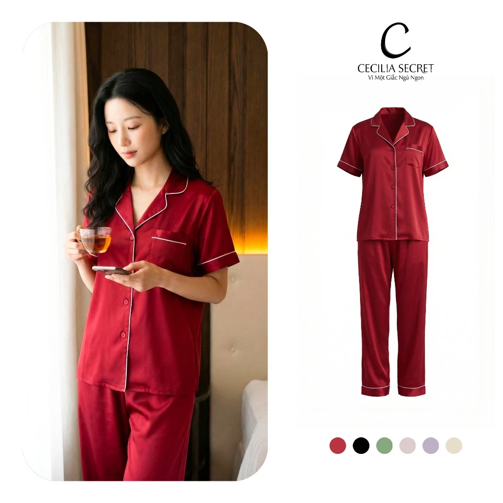 Pijama Nữ Mặc Nhà CECILIA SECRET Tay Cộc Quần Dài Lụa Cao Cấp Thoáng Mát