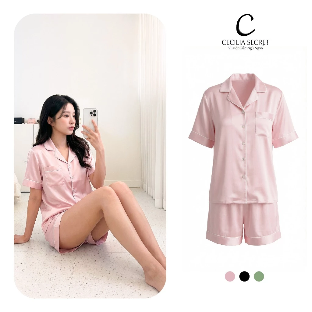 Pijama Nữ Mặc Nhà CECILIA SECRET Áo Cộc Tay Quần Đùi Chất Lụa Mango Mềm