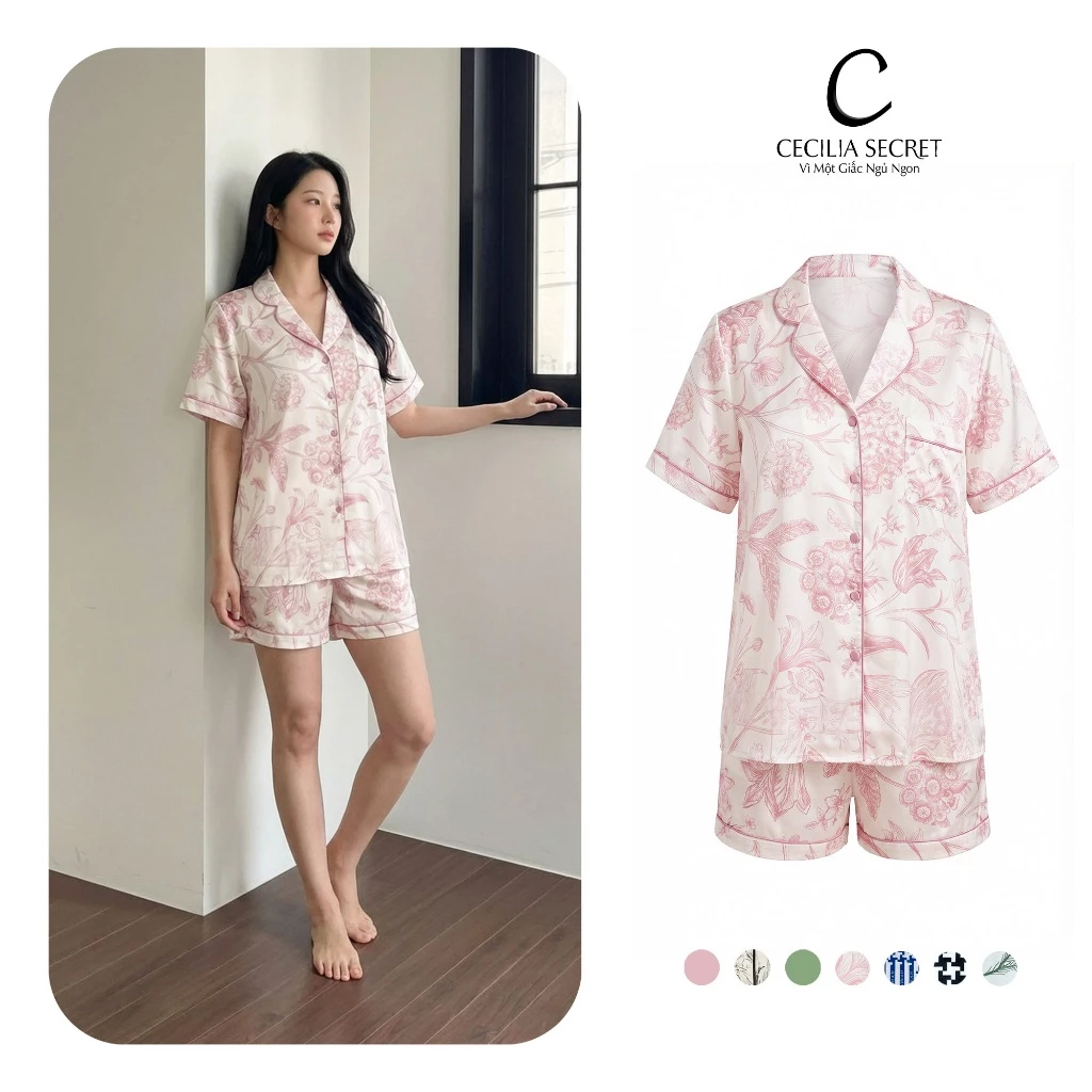 Đồ Bộ Pijama Mặc Nhà Tay Ngắn Quần Ngắn Chất Liệu Lụa Pháp CECILIA