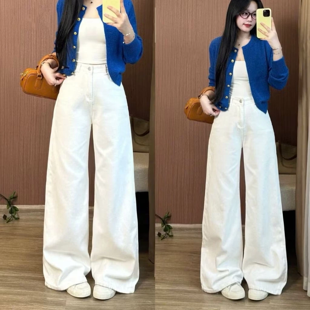 Quần Jean Nữ Trắng Trơn Ver 3 Ống Rộng 33cm Trắng Cạp Cao Chất Jean Dày Dặn Tôn Dáng RINAA