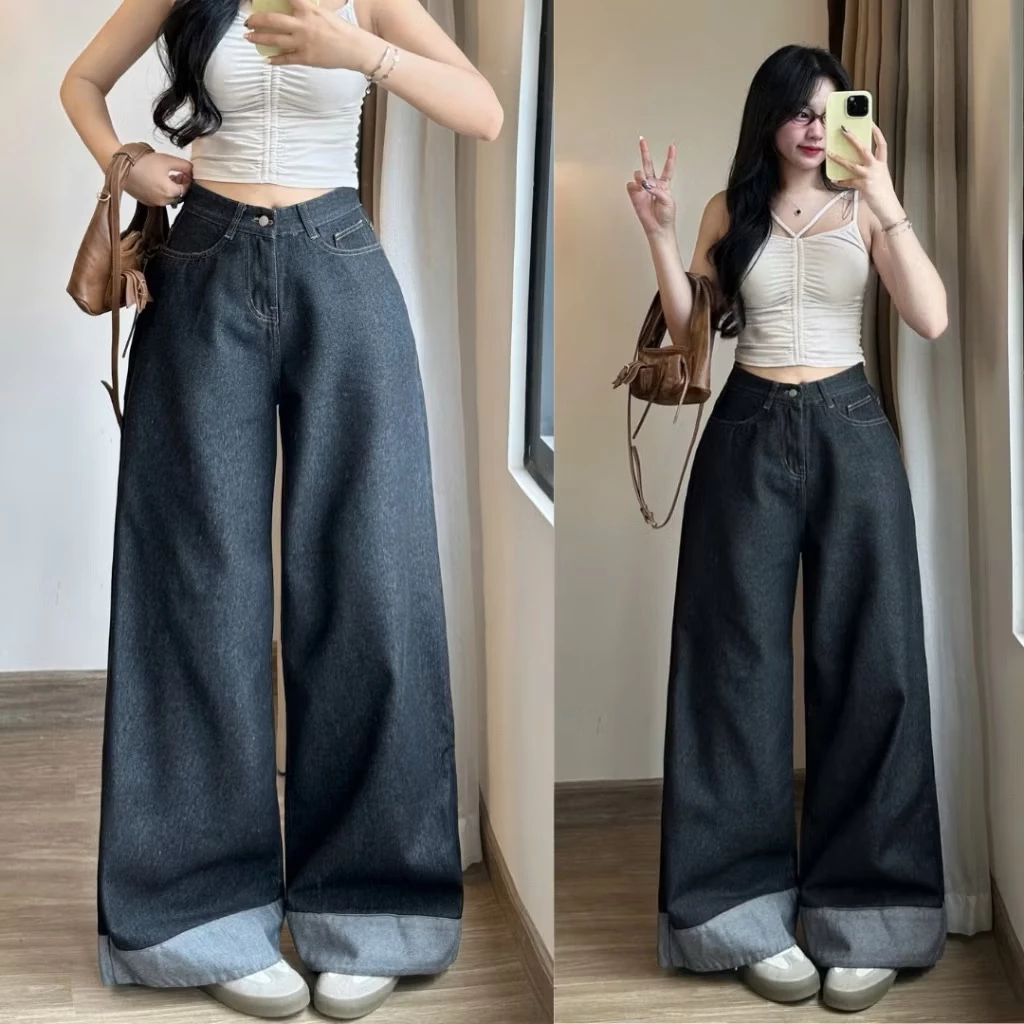 Quần Jeans Ống Suông Gập Lai Màu Đen Xám Phong Cách Basic Dễ Phối Đồ Có Kèm Ảnh Thật - RINAA