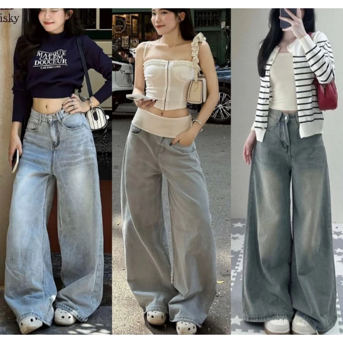 Quần Jeans Ống Suông Nữ Cạp Cao RINAA Chất Jeans Dày Dặn, Quần Suông Bò Màu Wash Retro Hot Trend