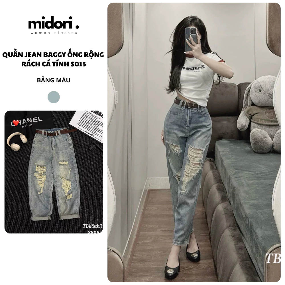 Quần Jean Nữ Ống Rộng Rách Cá Tính, Quần Bò Jean Nữ Rách Gơn Phố Street Style Midori Shop S015