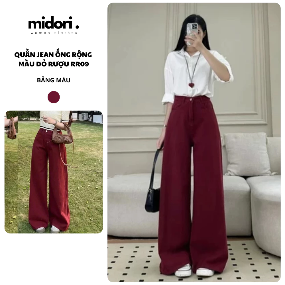 Quần Jean Nữ Đỏ Ống Suông Rộng Midori Shop Quần Suông Ống Rộng Màu Đỏ Đô HotHit Chất Jean Mềm RR09
