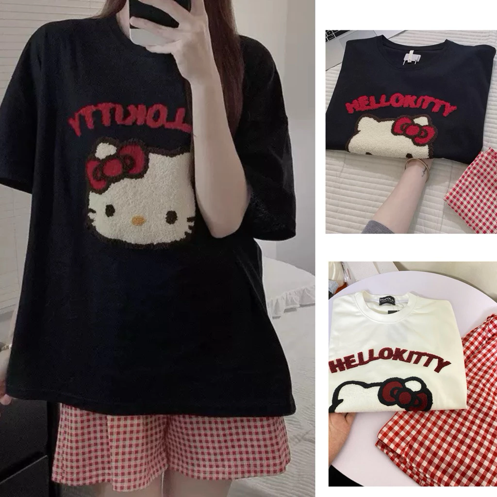 Bộ đồ ngủ mèo Kitty quần kẻ sọc  dễ thương hoạt hình Hàn Quốc  bộ đồ ngắn tay mùa hè cho nữ mặc nhà