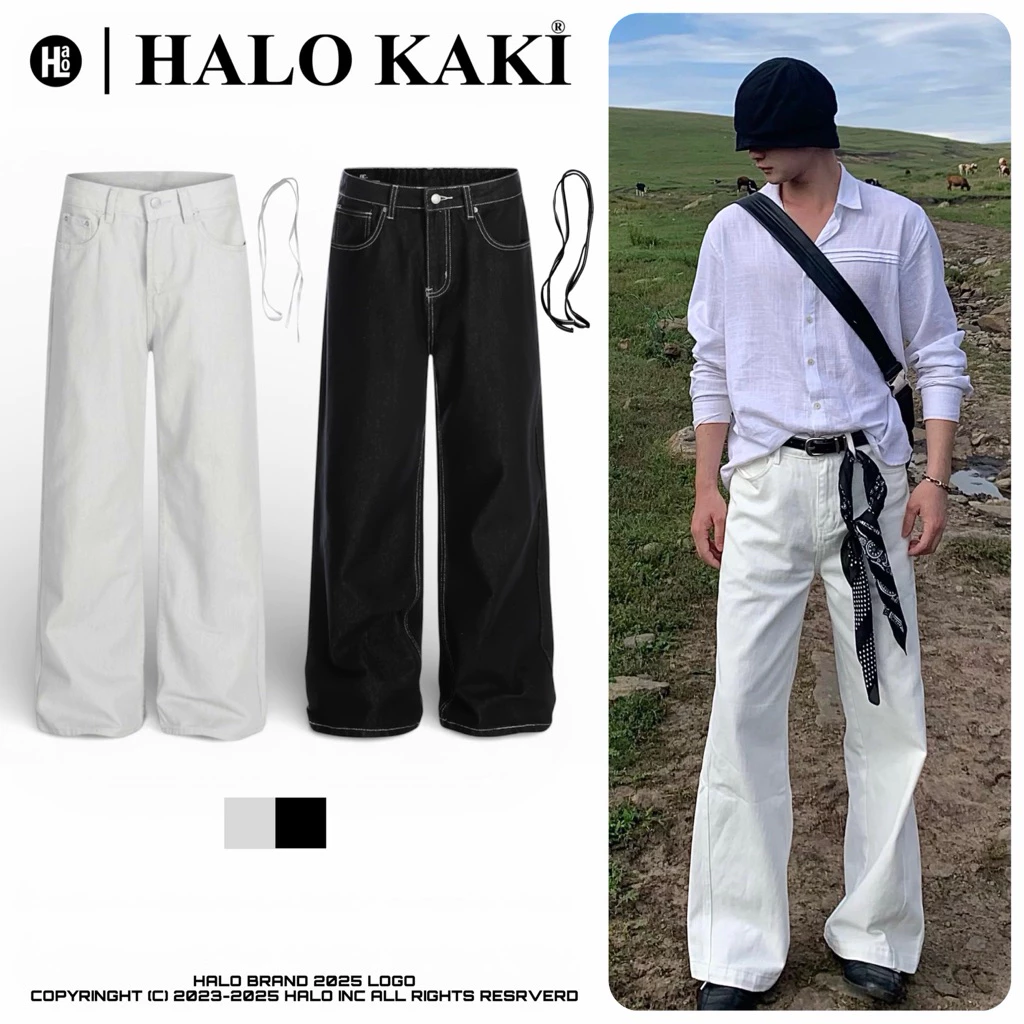 [FULL MÀU - TẶNG KÈM DÂY THỪNG] QUẦN JEANS TRƠN ỐNG SIÊU RỘNG TRẮNG/ĐEN PHỐI DÂY THỪNG UNISEX NAM NỮ HALO KAKI