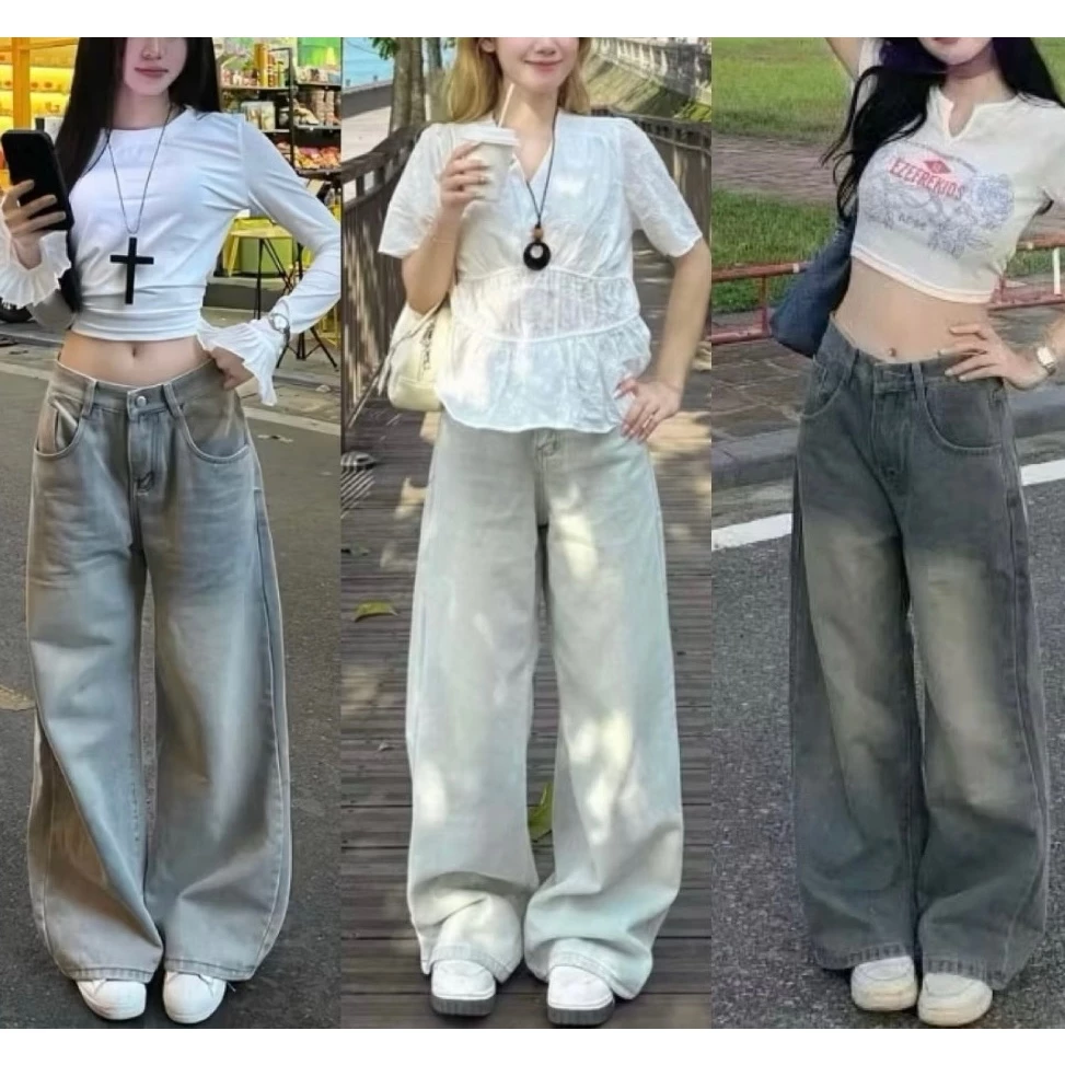 Quần Jeans Suông Ver 3 Màu XANH TRẮNG Blue White, Quần Bò Ống Rộng 27/33/37cm Chất Demin Cao Cấp