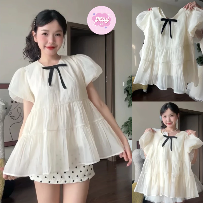 [Áo Kèm Nơ] Áo Nữ Kiểu Babydoll Xoè Tay Bồng Tiểu Thư Công Chúa Chất Tơ Xốp Mềm Mịn Siêu Xinh MS131