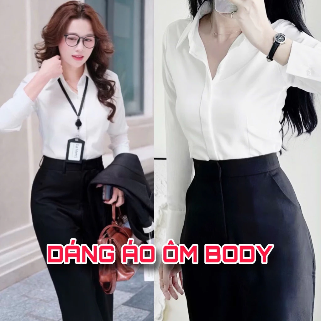 Áo sơ mi nữ dài tay dáng ôm giấu nút công sở không nhăn mịn mát vải dày không áo lót