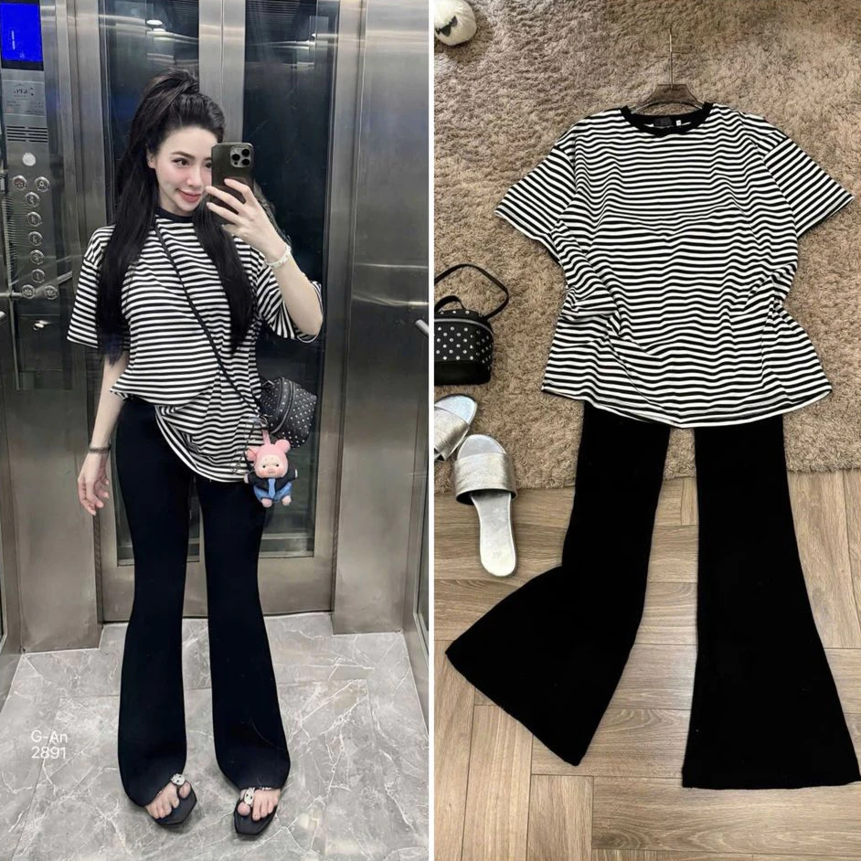 Sét Bộ Nữ Kẻ Vằn Đen Trắng From Rộng Mix Quần Dài Cạp Chun Loe Ống Hotrtrend 2026