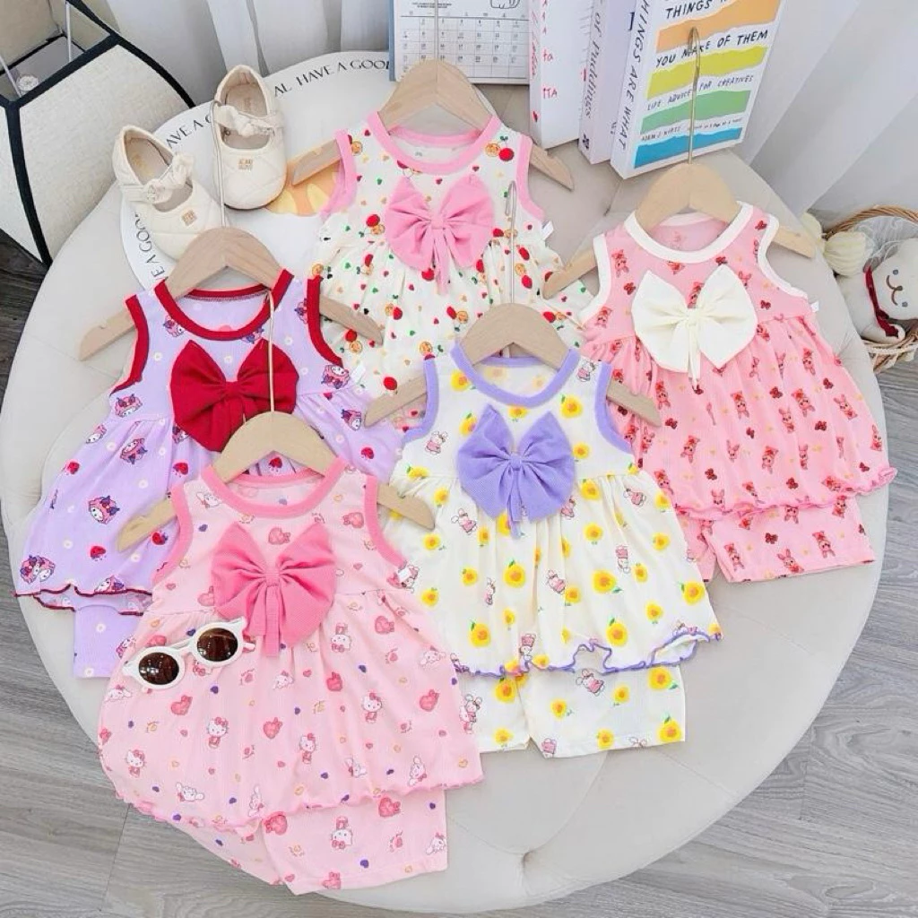 combo 3 bộ -5 bộ đồ 3 lỗ đính nơ bé gái dễ thương, chất tăm lạnh mềm mát cho bé 5-16kg