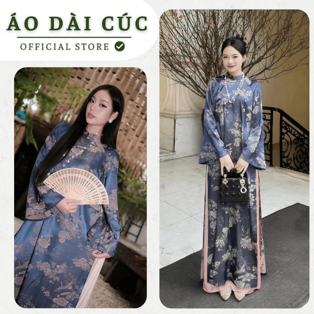 Áo dài cách tân Hồng Hạc , dáng suông tay xòe chất liệu gấm in họa tiết hồng hạc, phù hợp mặc
