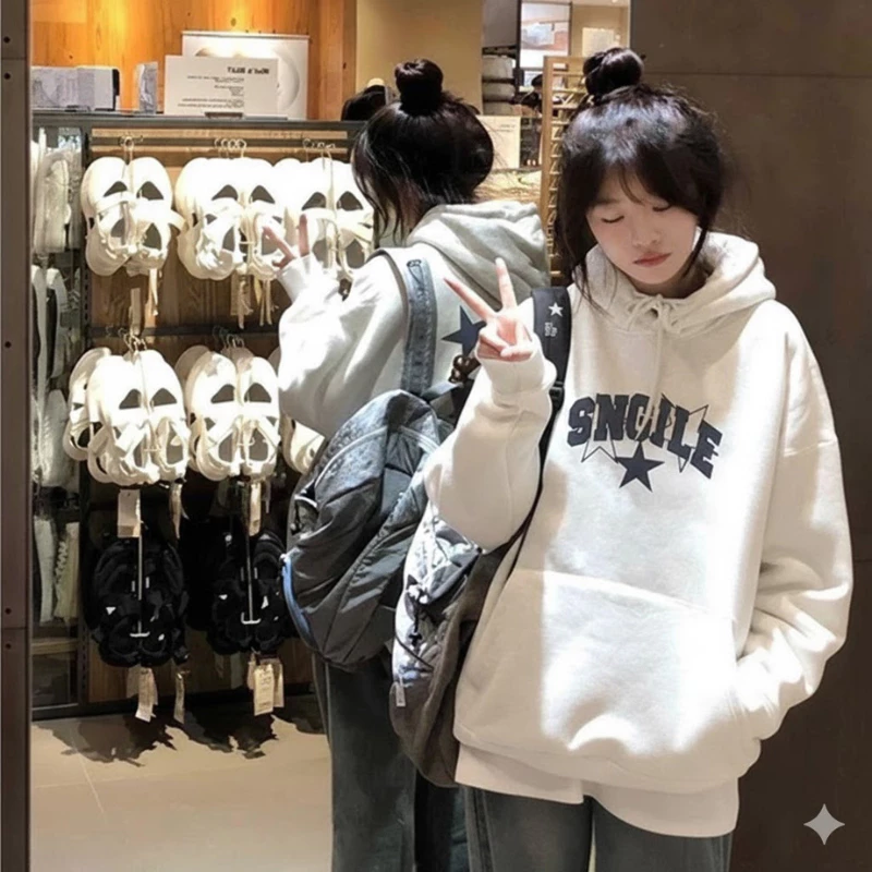 Áo Hoodie Form Rộng In Chữ Sao SNGILE Phong Cách Hàn Quốc Nỉ Bông Dày Dặn Unisex
