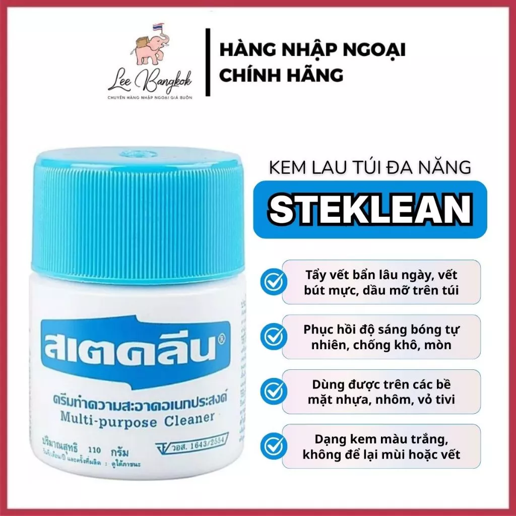 [Chuẩn Thái] Kem Lau Đa Năng Steklean Multi Purpose Cleaner Thái Lan Lau Túi, Đồ Da, Giầy, Giỏ Xách Sáng Bóng 110g