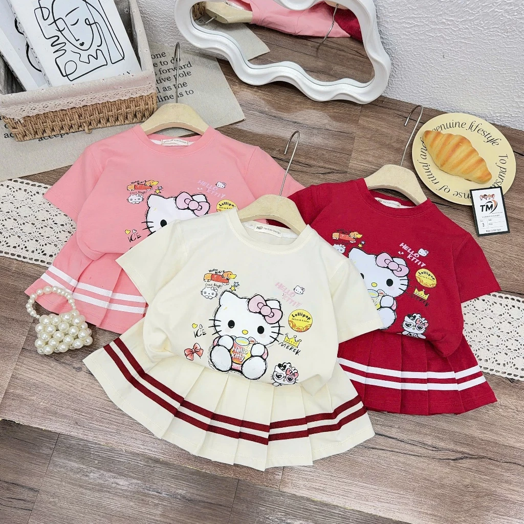 Sét Váy Xếp Ly In Hình Mèo Kitty Dễ Thương  Dành Cho Bé Gái 9-35kg Chất Liệu Cotton Thoáng Mát Mềm Mịn