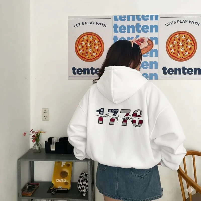 Áo Hoodie Zip Form Rộng Màu Xám In Chữ 1776 Sau Lưng Unisex Nỉ Bông Dày Dặn Phong Cách Hàn Quốc [ CÓ TÚI TRONG ]