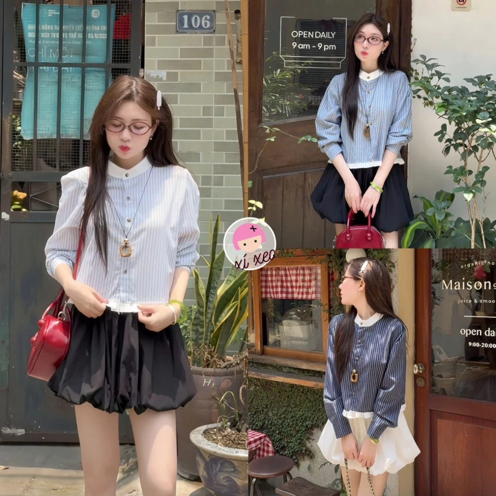 Áo Sơ Mi Kẻ Tay Dài Cổ Trụ Bèo Trắng, Áo Kiểu Nữ Tay Dài Kẻ Sọc Trắng, Cổ Tàu Lịch Sự Vintage, Chất Mát Mịn