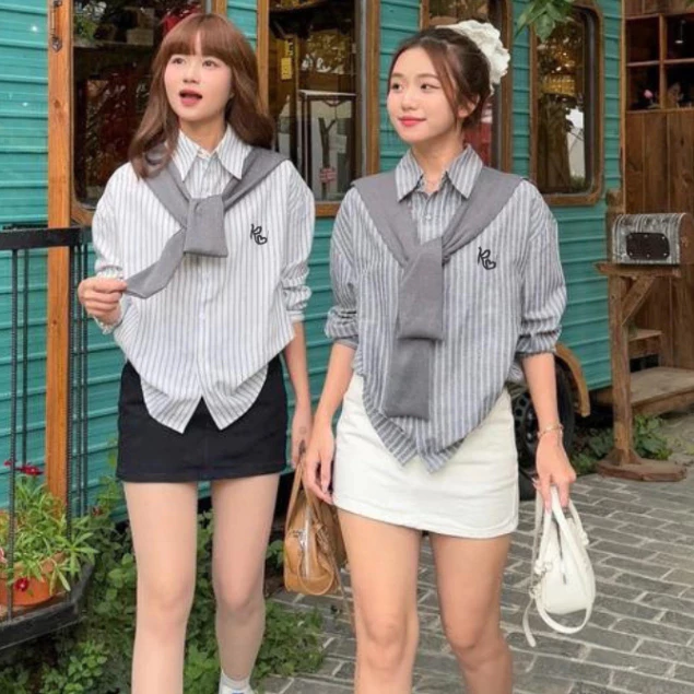 Sơ Mi Nữ Dài Tay Hình Chữ Pep Thêu Chất Thô Mềm Kèm Khăn, Sơ Mi Kẻ Nữ Dáng Rộng Kiều Hàn Quốc
