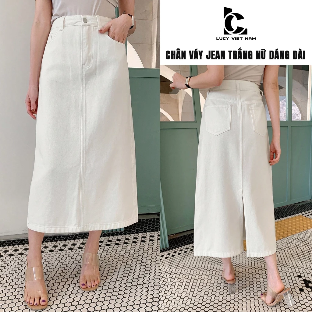 Chân Váy Jean Trắng Nữ Dáng Dài AVO AVOCADO Xẻ Tà Sau Cạp Cao Form A Suông Tôn Dáng Denim Cao Cấp